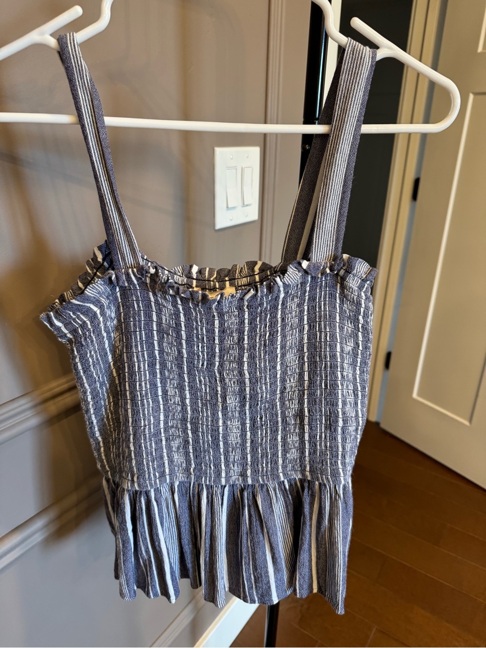 LOFT Blue and White Striped Smocked Tank Top